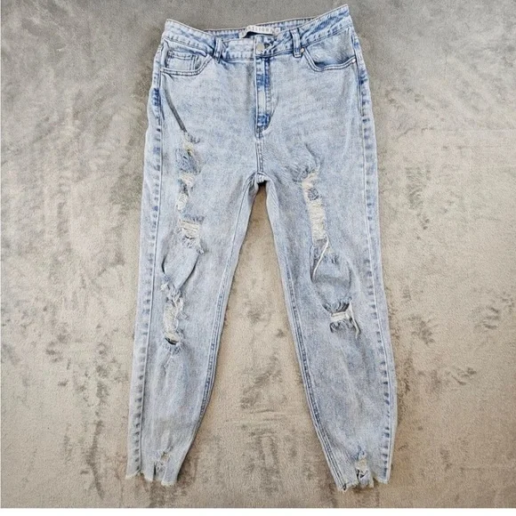 Tinsletown Jeans Womens Juniors 13 Hi-Rise Destructed Mom Light Wash Tapered - Picture 1 of 3